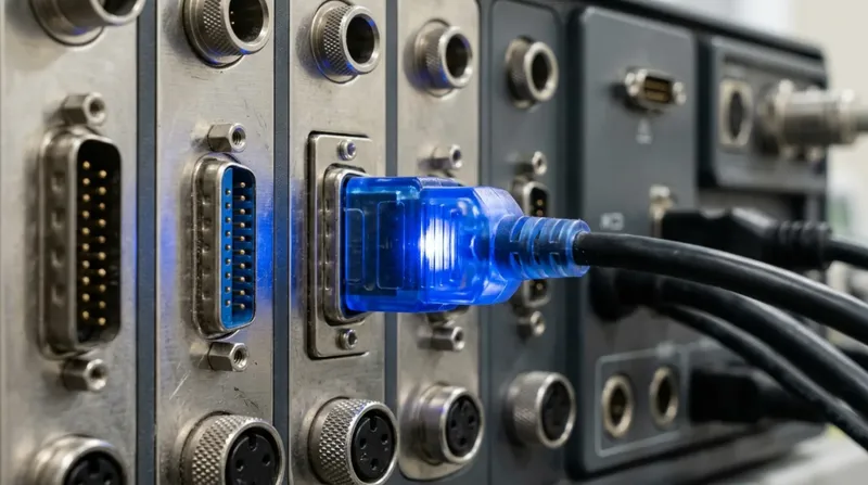 A hospital bedside monitor's connector panel, lead sockets in a machined bezel, one lead seated and glowing blue.