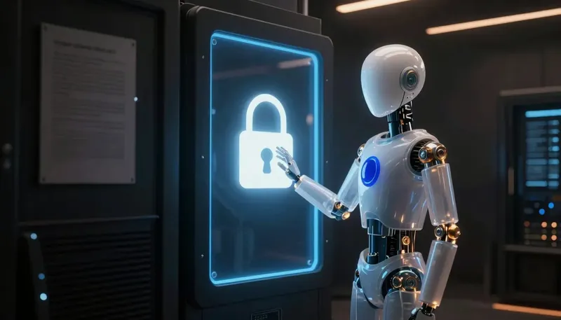 A faceless glass automaton in a white coat seals a glowing cobalt lock panel in a dim amber-lit server room.