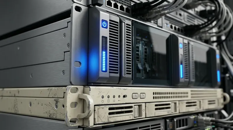A rack where an old beige server sits directly beneath a new blade chassis, blue lights only on the new one.