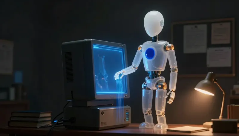A faceless glass automaton migrates glowing cobalt data from an old terminal to a new panel under amber desk light.