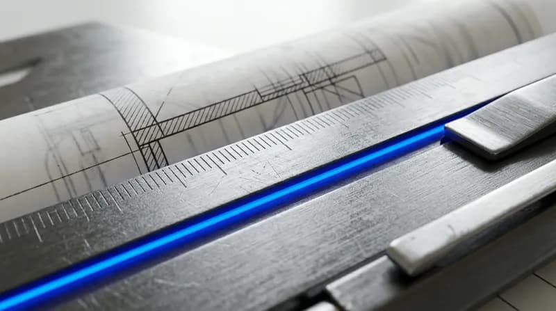 An architect's drafting table with rolled plans and a scale rule, one drawing edge lit blue.