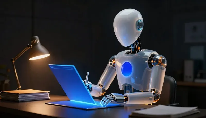 A faceless glass automaton fills out a glowing cobalt document panel at an amber-lit desk at night.