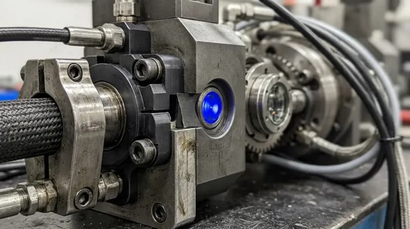 A precision assembly on a workbench caught mid-operation, machined surfaces and cabling, one blue indicator lit.