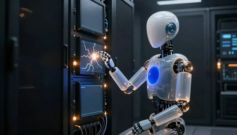 A faceless glass automaton steadies a flickering node on a glowing cobalt pipeline panel in a dim amber-lit server room.