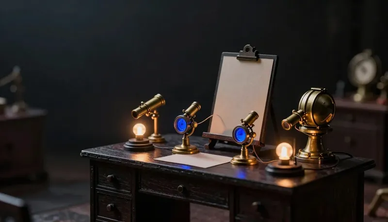 Miniature dark diorama of brass viewing instruments on a desk aimed at glowing specimen cases beside a blank chart easel, two dials glowing cobalt blue