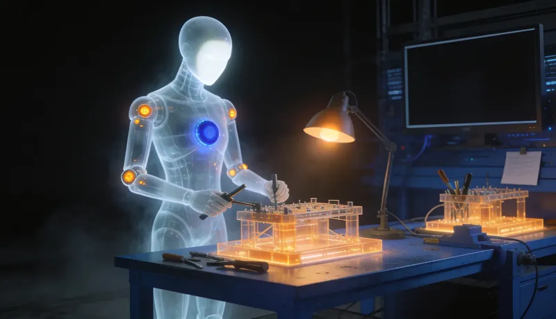 A faceless glass automaton works late at a cobalt bench building a glowing structure under a warm lamp.