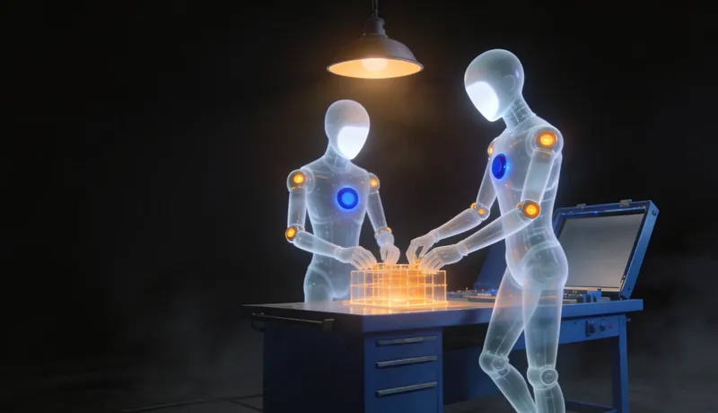 A second identical automaton joins the first at a cobalt workbench, both already working on the glowing structure.