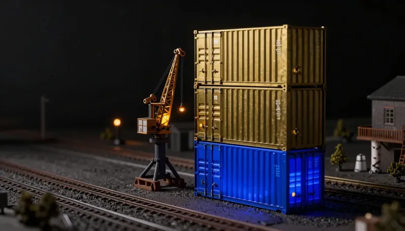 A scale model of stacked brass shipping containers on a rail yard with a gantry crane, the bottom container glowing cobalt blue to represent the operational weight AWS carries.