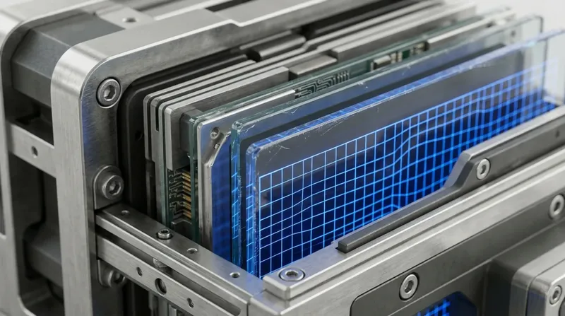 A stack of glass display panels in a machined rack, the front panel carrying a glowing blue wireframe grid.