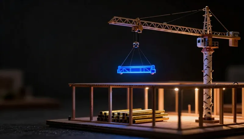 A scale model gantry crane lifting a beam over a half-built structure, the beam glowing cobalt blue to show the product owner directing changes themselves in Bubble.