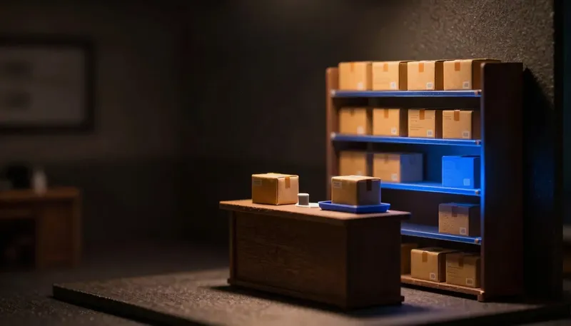 A miniature sorting office where a single glowing blue holding shelf queues parcels for one service counter — the task queue everything waits on.