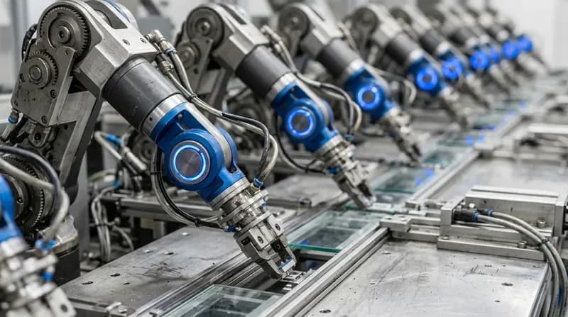 A row of small robotic pick-and-place arms over a shared work surface, each holding a part mid-motion, blue joint indicators.