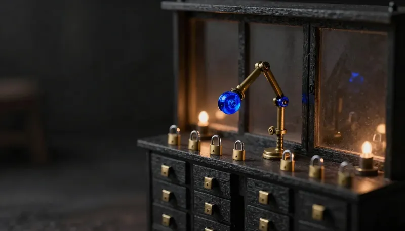 A brass tool-arm on a workbench ringed by keyed padlocks, its glowing blue control hub deciding which locked drawer it may open — an agent given only the permissions it needs.