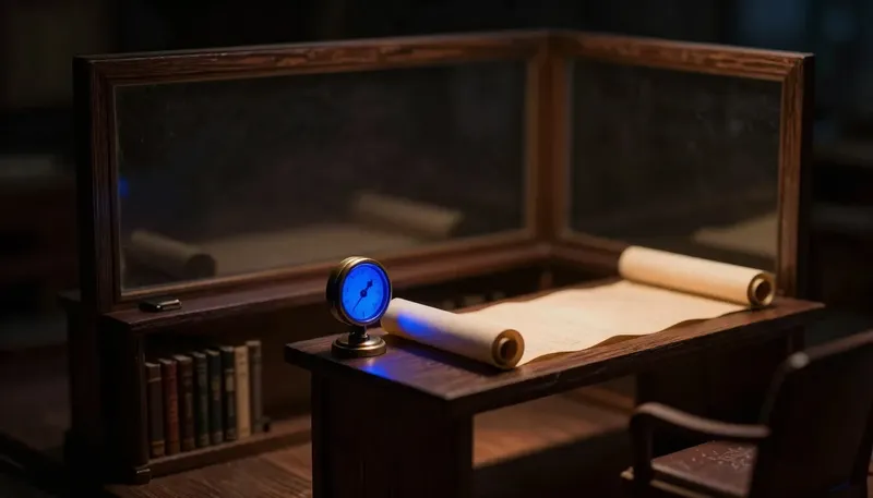 A long scroll unrolling across an archive reading table past a glowing blue brass meter that ticks off every inch — a system that reads long documents and bills for the length.