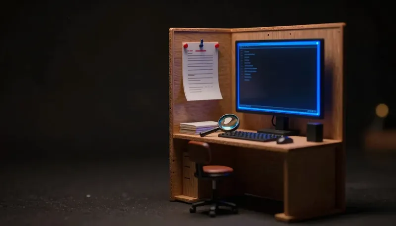 A miniature coding desk in white board and birch, with the terminal's command line glowing blue acrylic, next to diff sheets marked in red pencil for review.