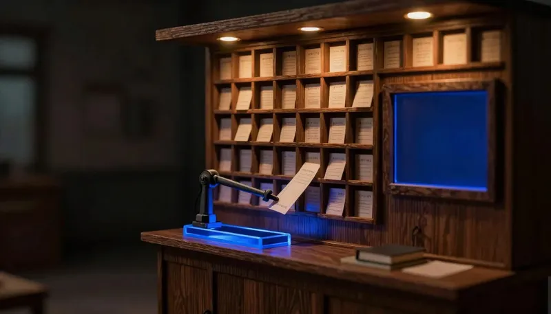 A miniature task-routing wall in white board and birch, with the sorting arm and chute glowing blue acrylic as it moves a paper ticket into place.