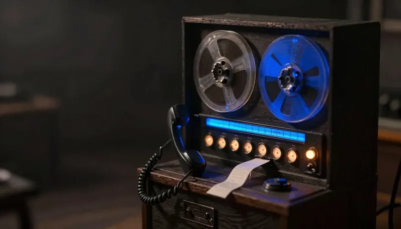 A miniature radio booth in white board and birch, with the dial bank that reads pauses in a live call glowing blue acrylic beside a spooling tape reel.