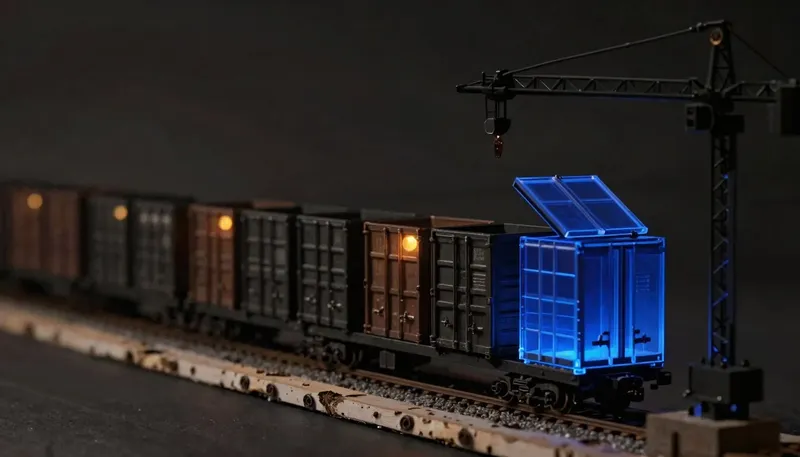 A miniature freight yard in white board and birch, with the shipping crates' internal frame glowing blue acrylic to show contained, portable software.