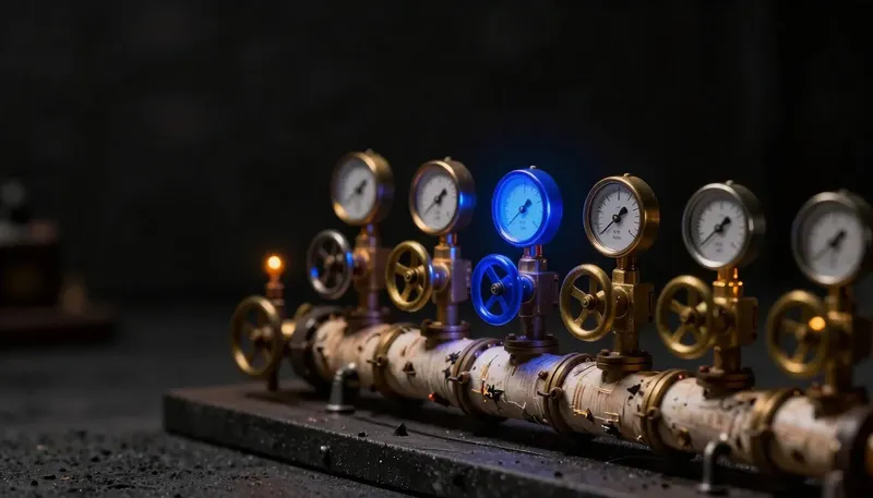 A scale model pressure manifold with a row of brass valve wheels and gauges, the center valve glowing cobalt blue to show correctly sized worker capacity for an AI backend.