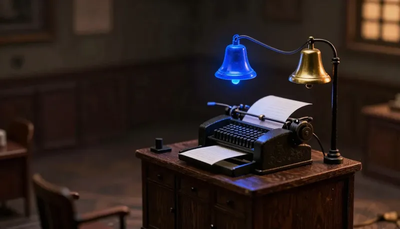 A stenography desk's punch-card press wired by a glowing blue line to a brass signal bell — a transcript that also has to trigger its own alert.