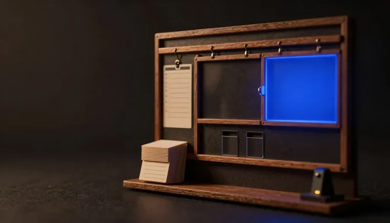 A miniature scheduling room in white board and birch, with the sync mechanism that keeps two planners matched glowing blue acrylic on the wall-mounted slats.