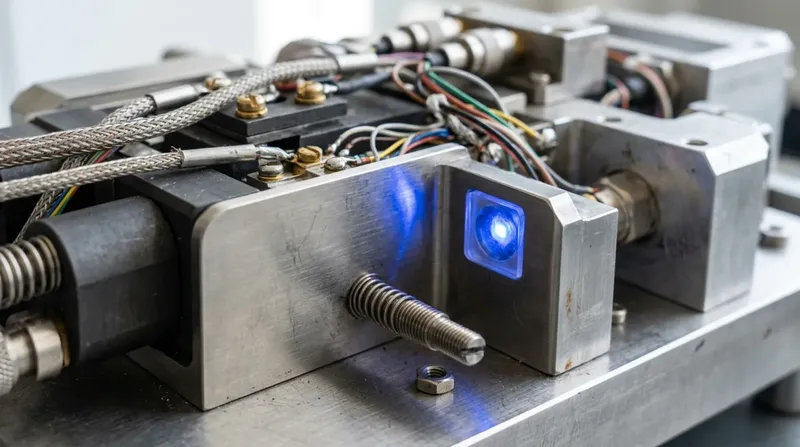 A precision assembly on a workbench caught mid-operation, machined surfaces and cabling, one blue indicator lit.