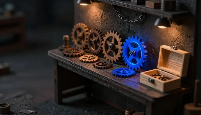 A miniature gear-chain workbench in white board and birch, with the gear being swapped out glowing blue acrylic to show what a team keeps versus replaces.