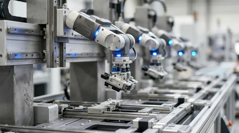 A row of small robotic pick-and-place arms over a shared work surface, each holding a part mid-motion, blue joint indicators.