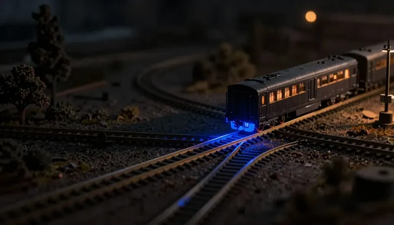 A model railcar stopped on a glowing blue switch blade at a branching track fork — a conversation that can resume from the exact point it stopped.