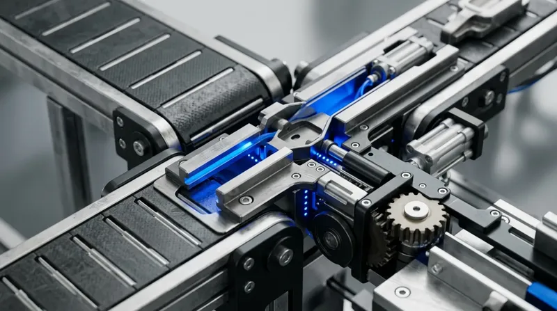 Two industrial conveyor lines merging at a single junction where a part transfers between them, blue transfer light.