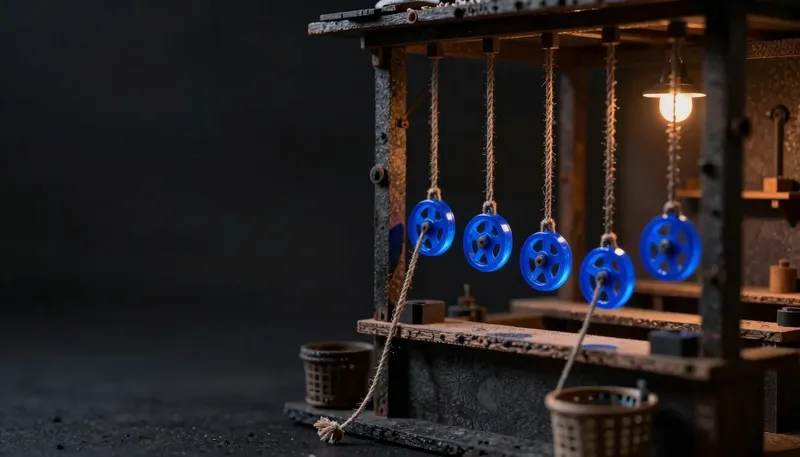 A miniature pulley board in white board and birch, with the connecting pulleys glowing blue acrylic and a frayed loose rope showing where failures can slip through.