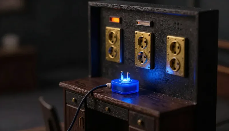 A miniature switchboard in white board and birch, with the universal adapter that connects mismatched sockets glowing blue acrylic, one cable still unattached.