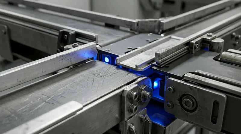 Two industrial conveyor lines merging at a single junction where a part transfers between them, blue transfer light.