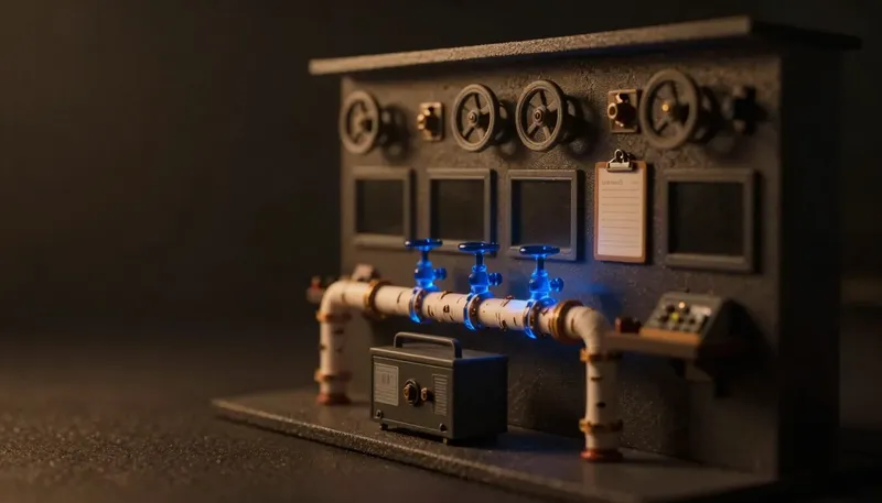 A miniature valve control room in white board and birch, with the central manifold pipe glowing blue acrylic to show daily operations running through it.