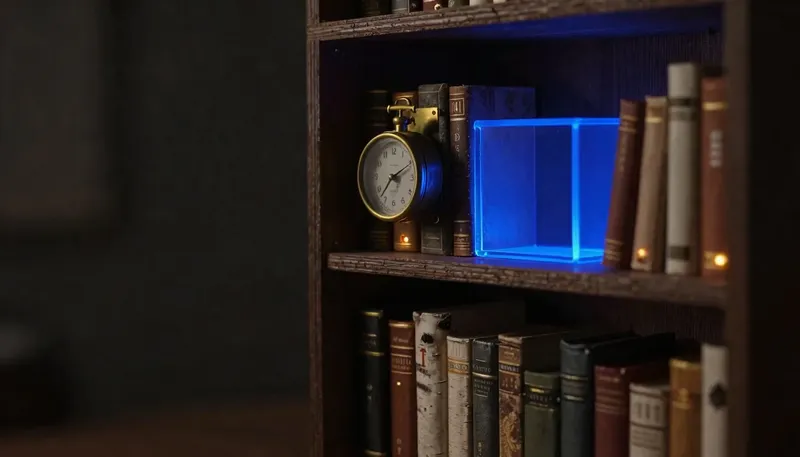 A scale model bookshelf of stacked page panels with a brass caching gauge, one panel glowing cobalt blue to show Next.js serving a page fresh from cache.
