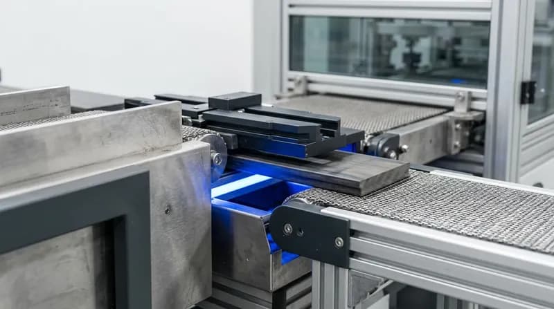 Two industrial conveyor lines merging at a single junction where a part transfers between them, blue transfer light.