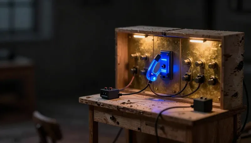 A scale model workbench with a brass switchboard of toggle relays wired to one socket, a single relay glowing cobalt blue to show one live API call among many unconfigured ones.