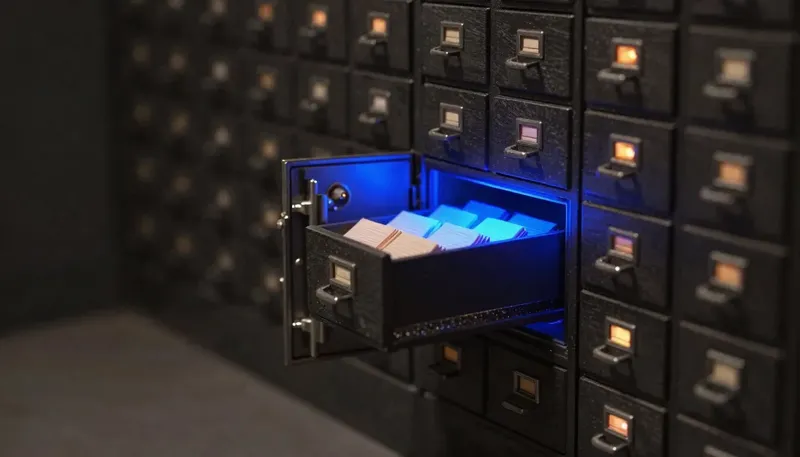 A miniature archive vault in white board and birch, with the filing drawer's rail mechanism glowing blue acrylic to show the steady, reliable default storage.