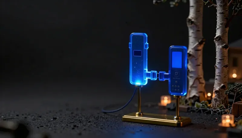 A scale model of two differently shaped handheld devices on a shared brass stand connected by one wire, the connector glowing cobalt blue where the shared code splits for hardware differences.