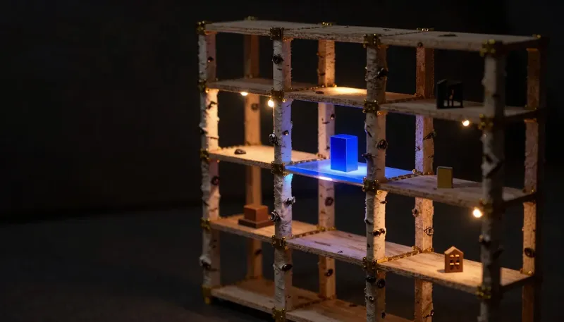 A scale model of modular shelving with interlocking brass brackets that can be rearranged, the center joint glowing cobalt blue to represent React holding the current build together.