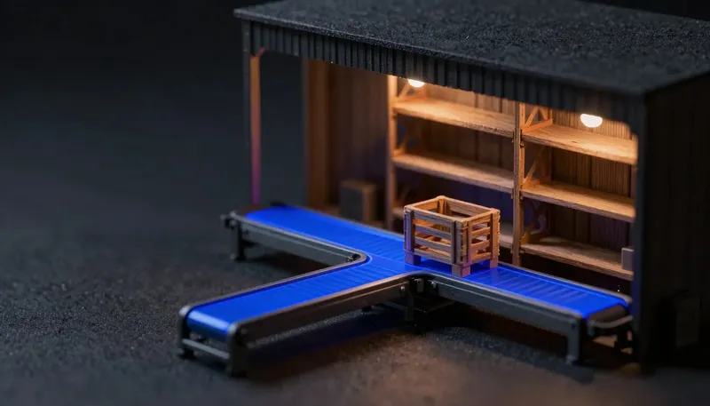A glowing blue conveyor belt splitting toward a sturdy bolted shelf on one side and a wobbling unbolted crate on the other — fast, but not equally safe to build on.