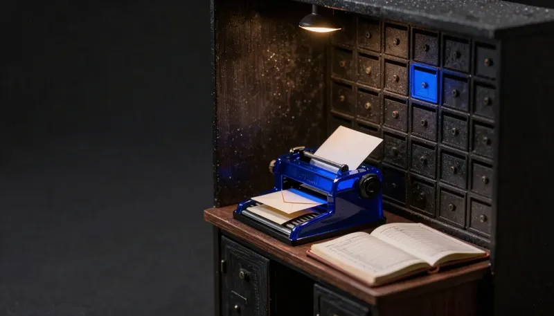 A miniature mailroom in white board and birch, with the franking machine glowing blue acrylic beside a ledger tracking envelopes stamped months back.