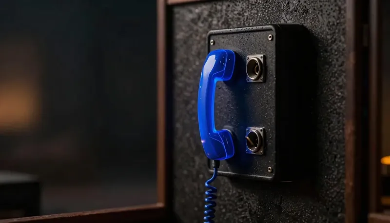 A miniature switchboard in white board and birch, with one active wall jack glowing blue acrylic and a second empty jack showing what breaks with a second server.