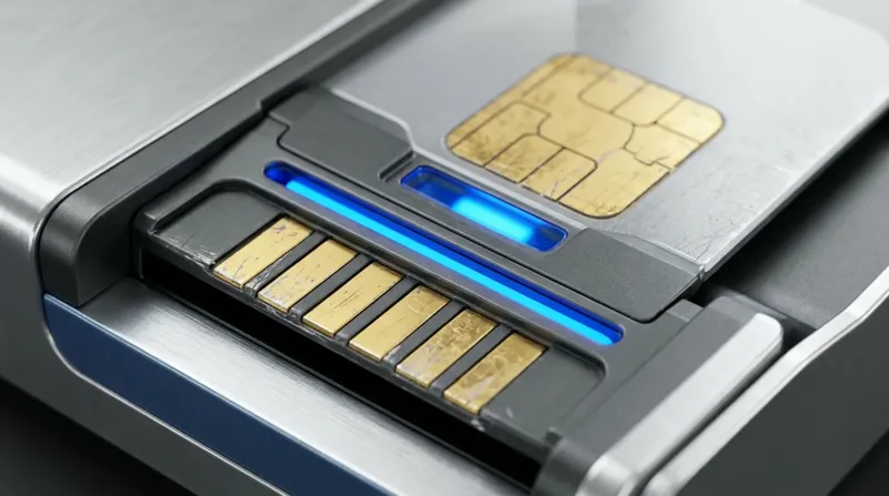 A card reader's contact block with a chip card seated, gold contacts, blue authorisation light.