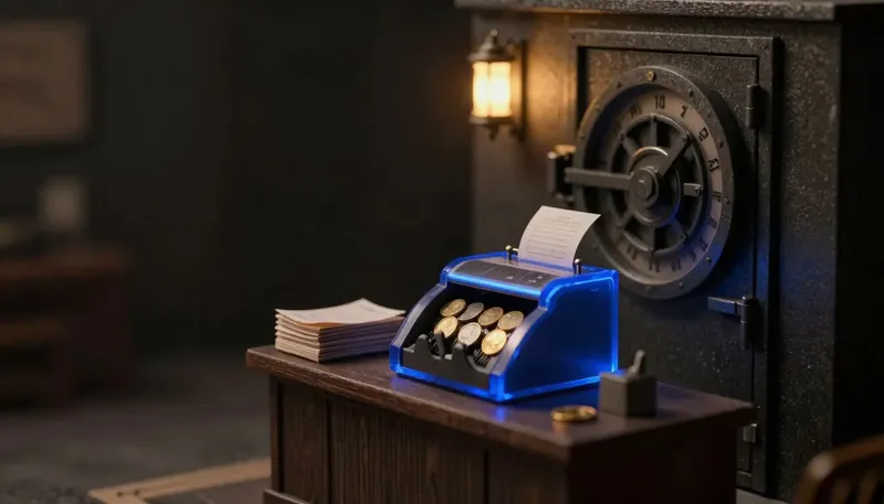 A miniature bank counter in white board and birch, with the coin-counting scale glowing blue acrylic beside a vault door standing for the hardest transactions.