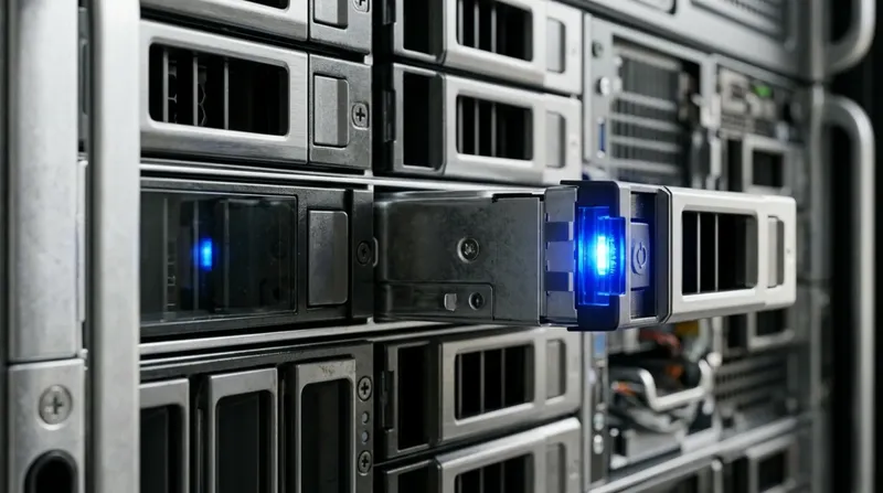 A server rack's drive bay with one carrier partly withdrawn, blue activity light on its face.