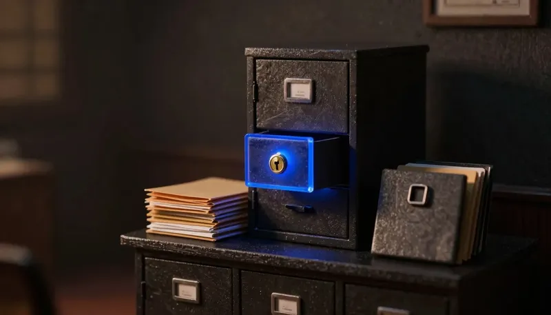A miniature records office in white board and birch, with one drawer's keyhole lock glowing blue acrylic beside unlocked folders left exposed on the desk.