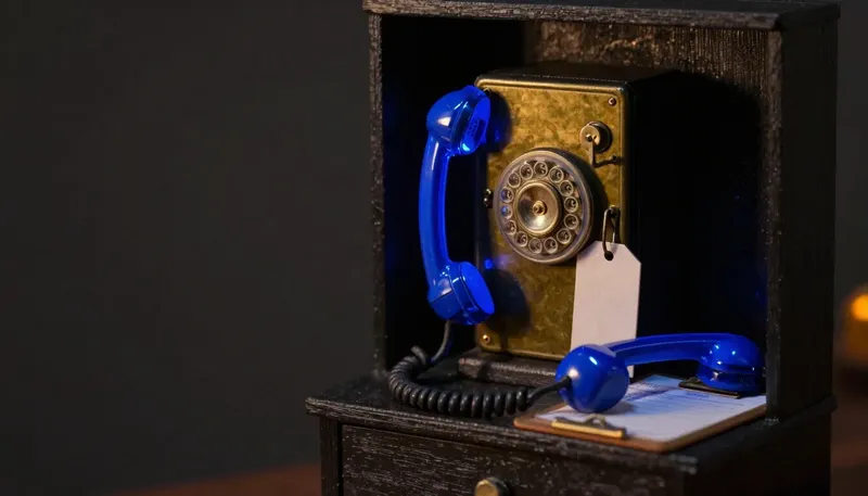 A miniature telephone exchange in white board and birch, with the connected jack glowing blue acrylic beside a waiting-list clipboard for registering new lines.