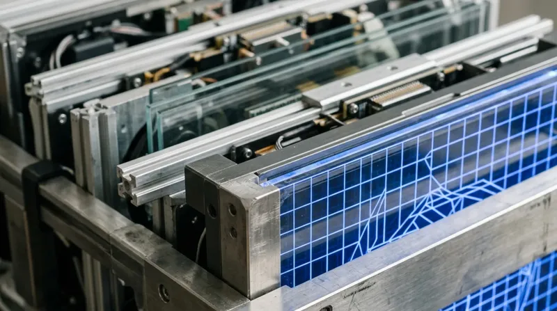 A stack of glass display panels in a machined rack, the front panel carrying a glowing blue wireframe grid.