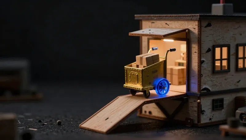 A scale model loading dock with a brass cart delivering packages up a ramp to a rooftop hatch, the cart's axle glowing cobalt blue to show fast deploys, while the plain rooftop room represents costly compute.